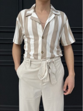 Beyaz Krem Çizgili Kısa Kollu Yumuşak Kumaş Gömlek