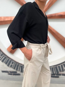 Krem Bel Bağlamalı Baggy Kumaş Pantolon